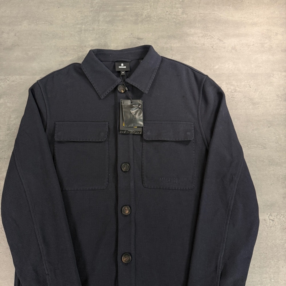 Mackage Porter Overshirt Jacket Mens L 40 Navy Textured Knit Button Front $550